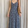 Robe dos ouvert bleu marine et blanc à motif floral – Taille 36
