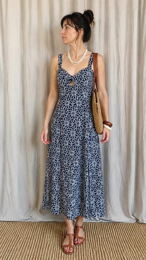 Robe dos ouvert bleu marine et blanc à motif floral – Taille 36