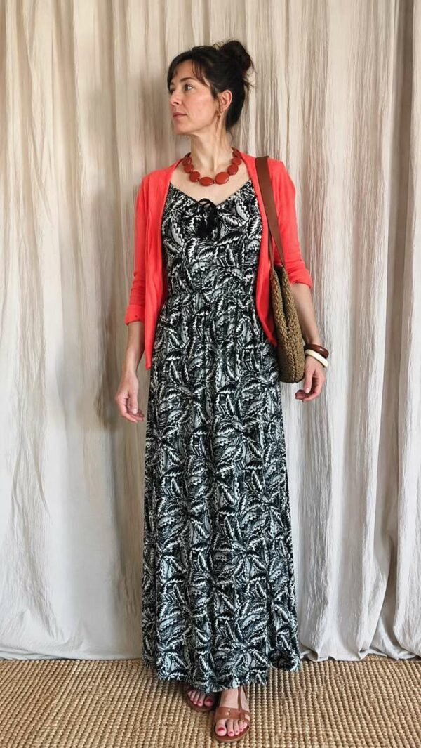 Robe longue Promod imprimé feuillage noir et beige – Taille 38/40
