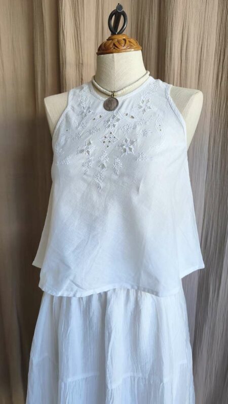 Top vintage brodé en coton blanc – Taille 34