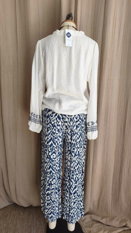 Pantalon palazzo imprimé bleu et blanc T36/38 – Taille élastiquée
