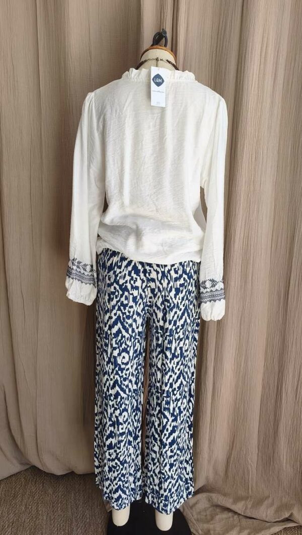 Pantalon palazzo imprimé bleu et blanc T36/38 – Taille élastiquée