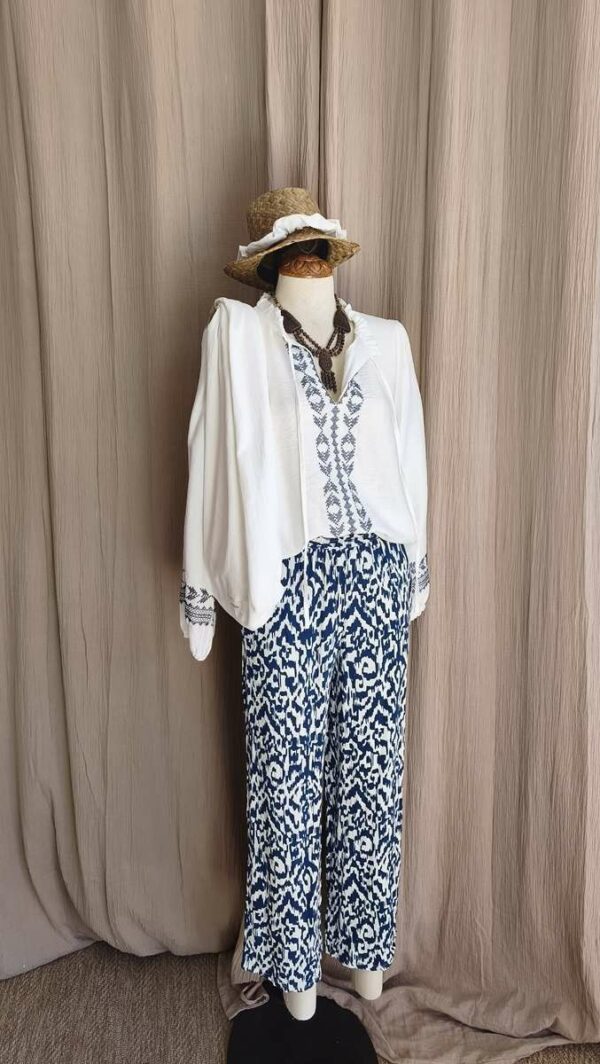Pantalon palazzo imprimé bleu et blanc T36/38 – Taille élastiquée