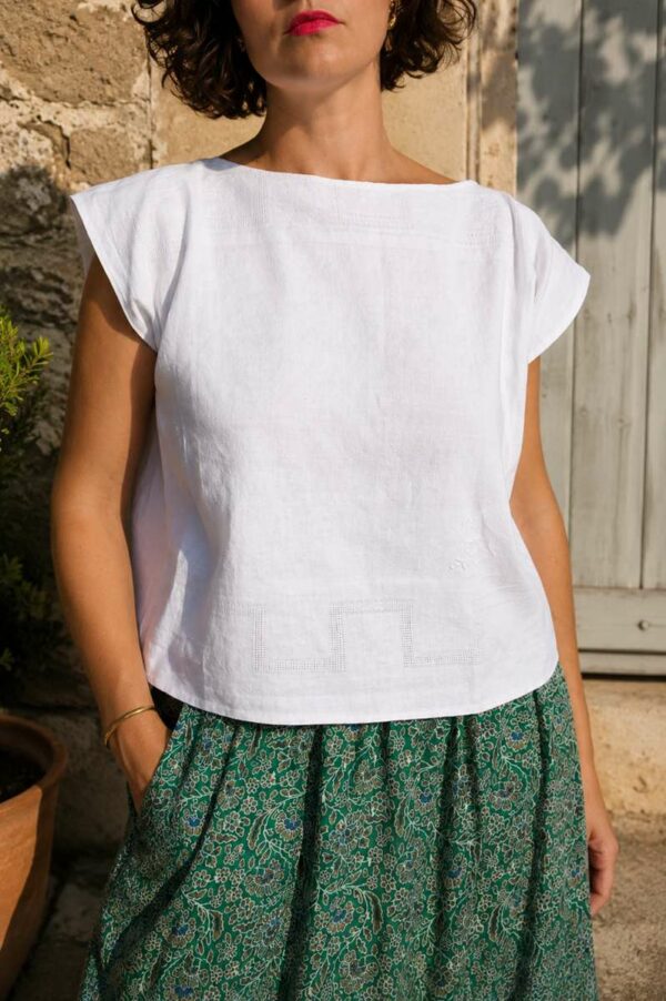 Top en coton issu d'une serviette familiale ancienne – Taille 36/38