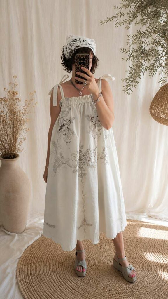 Robe Rose & Marie en nappe brodée ancienne – Taille unique (36 à 42)