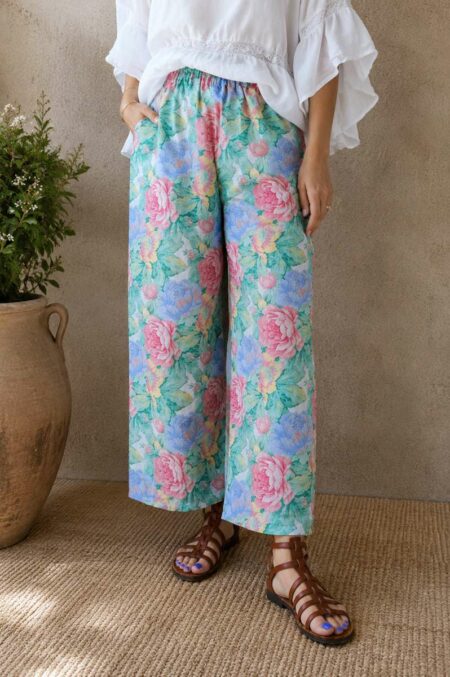 Pantalon Rose & Marie en drap ancien fleuri – Taille haute – Taille 40