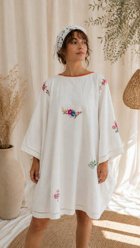 Kaftan Rose & Marie en nappe ancienne brodée – Taille unique