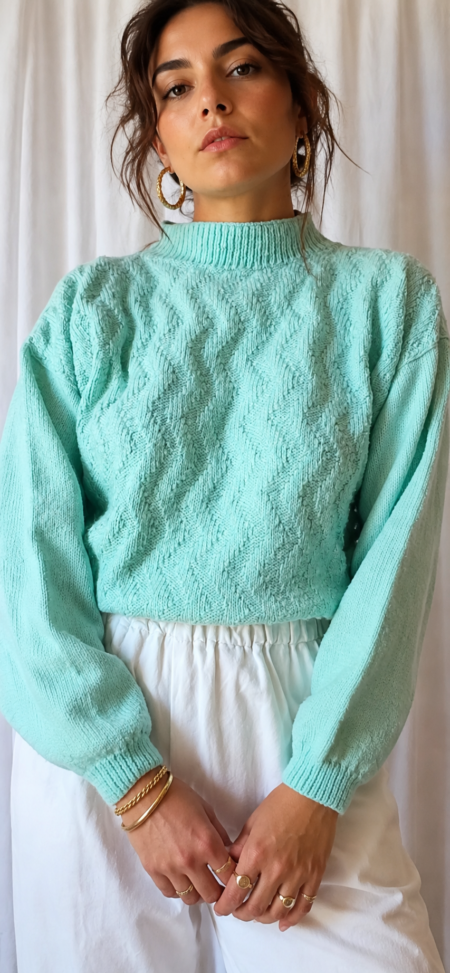 Pull vintage tricoté menthe en laine – Taille 40/42