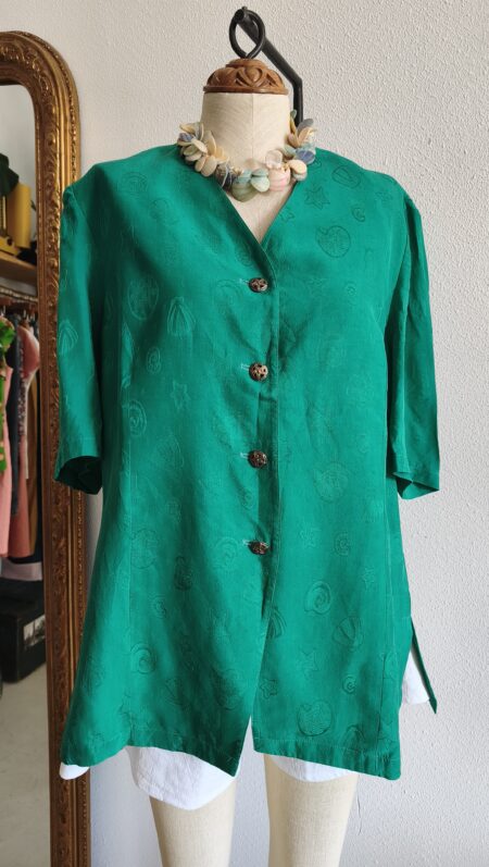 Blouse vintage verte motif coquillages – Taille 44