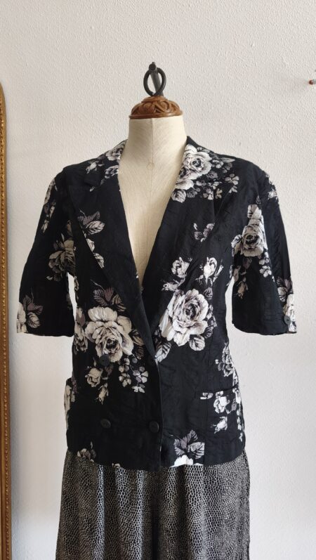 Blouse vintage fleurie noire – Années 80 – Taille 38