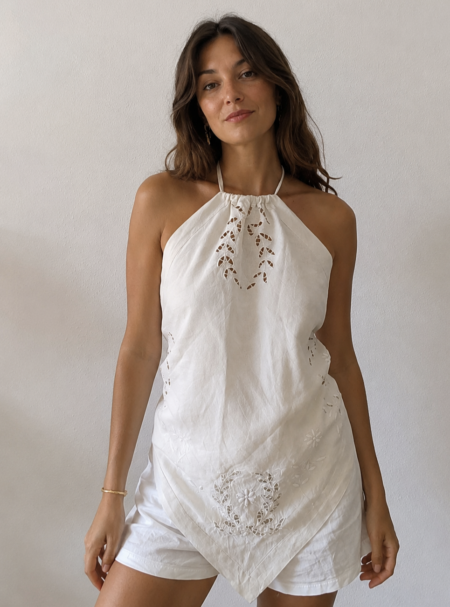 Top dos-nu en coton et lin ancien brodé – Rose & Marie – Taille 36 à 44