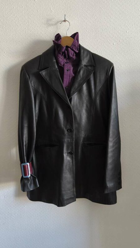 Veste blazer vintage en cuir d’agneau noir – Taille 40/42