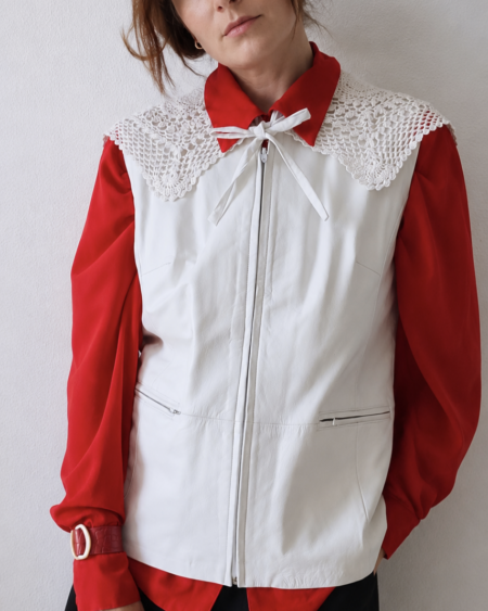 Gilet sans manches vintage en cuir d’agneau blanc – Taille 40/42