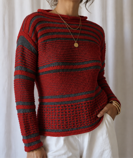 Pull vintage tricoté rouge et argent – Taille M 38/40