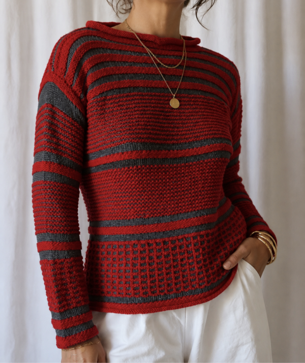 Pull vintage tricoté rouge et argent – Taille M 38/40
