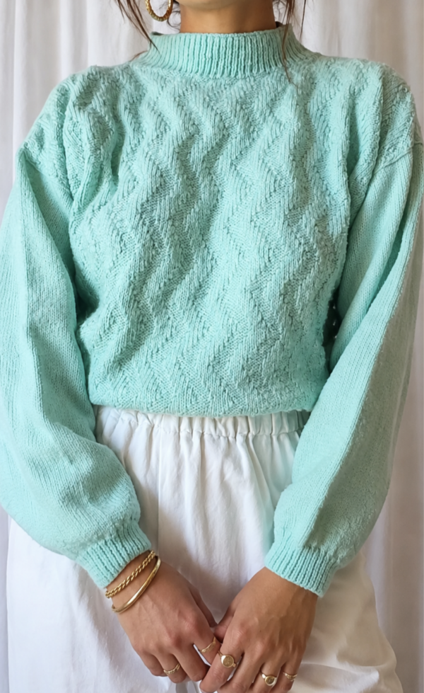 Pull vintage tricoté menthe en laine – Taille 40/42
