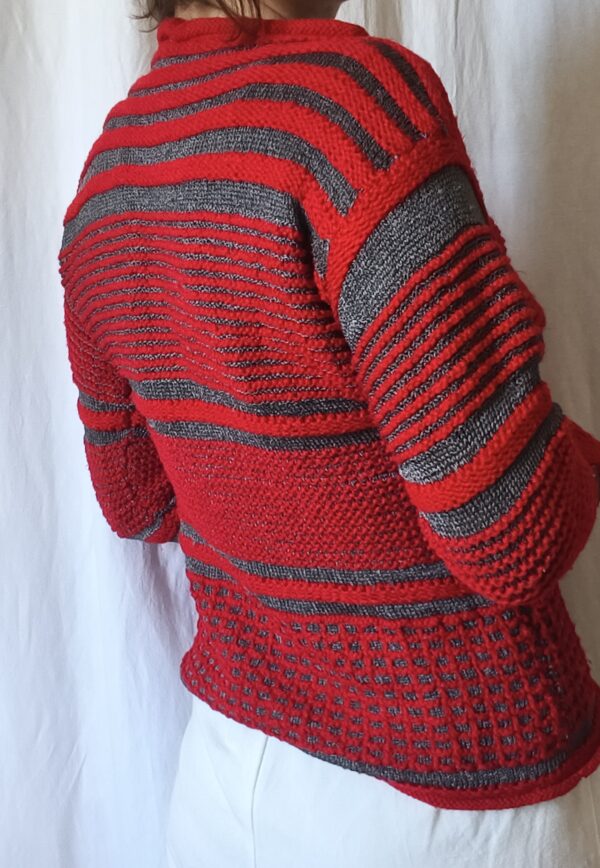 Pull vintage tricoté rouge et argent – Taille M 38