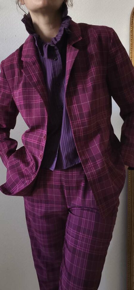 Tailleur pantalon vintage à carreaux roses – Taille 40/42