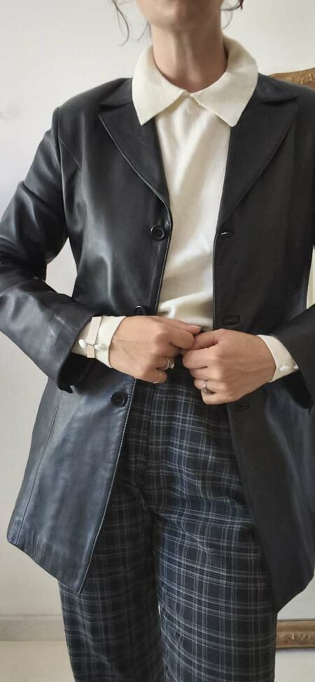 Veste blazer vintage en cuir d’agneau noir – Taille 40/42
