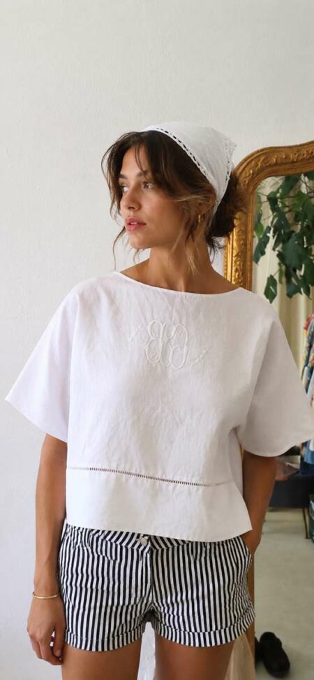 Top Rose & Marie en coton ancien brodé