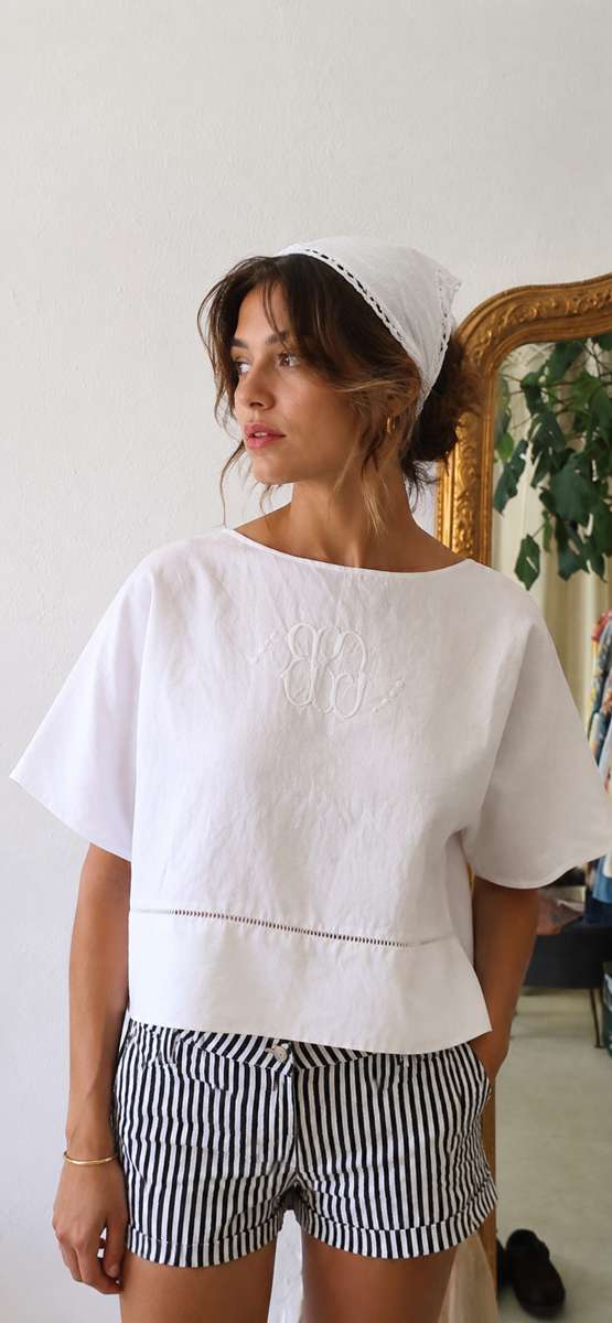 Top Rose & Marie en coton ancien brodé