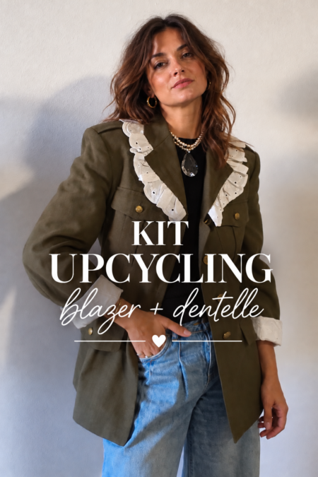 Kit upcycling blazer militaire + dentelle broderie anglaise – Tuto couture inclus