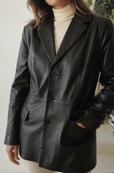 Veste blazer vintage en cuir noir – Taille 44