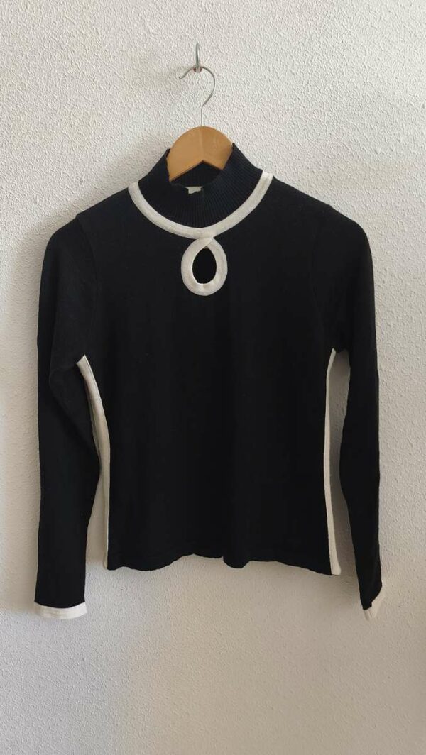 Pull vintage noir et blanc esprit Courrèges en laine mérinos – taille 36