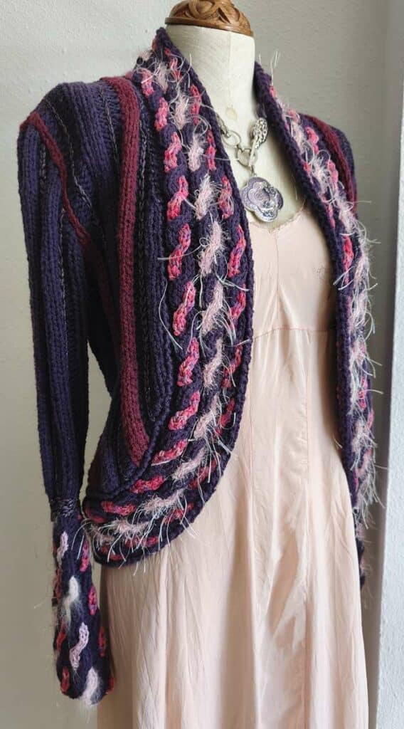 Gilet vintage en laine Anny Blatt – violet et rose – taille 36/40