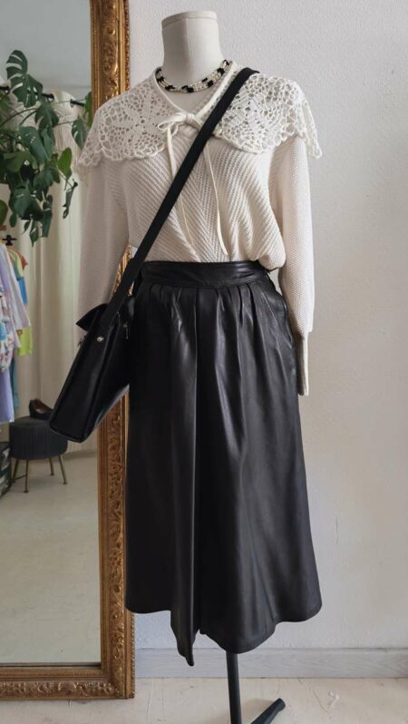 Jupe midi vintage en cuir noir – Taille 34/36