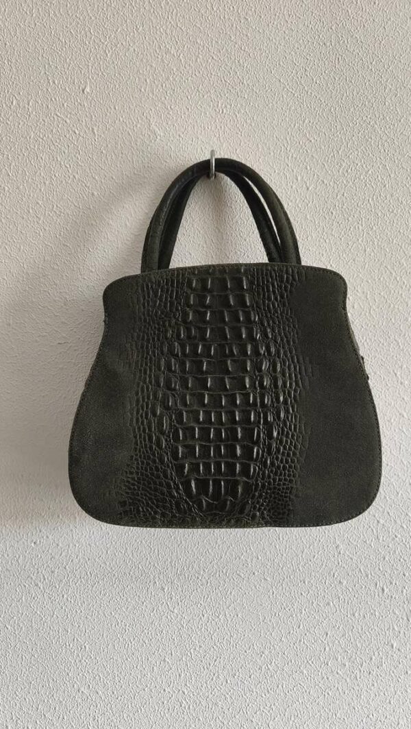 Sac vintage en cuir vert bouteille effet croco – 26 × 25 cm