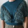 Pull vintage tricoté à franges bleu canard – Taille 38/40