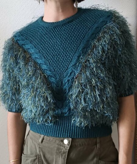 Pull vintage tricoté à franges bleu canard – Taille 38/40