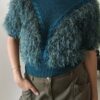 Pull vintage tricoté à franges bleu canard – Taille 38/40