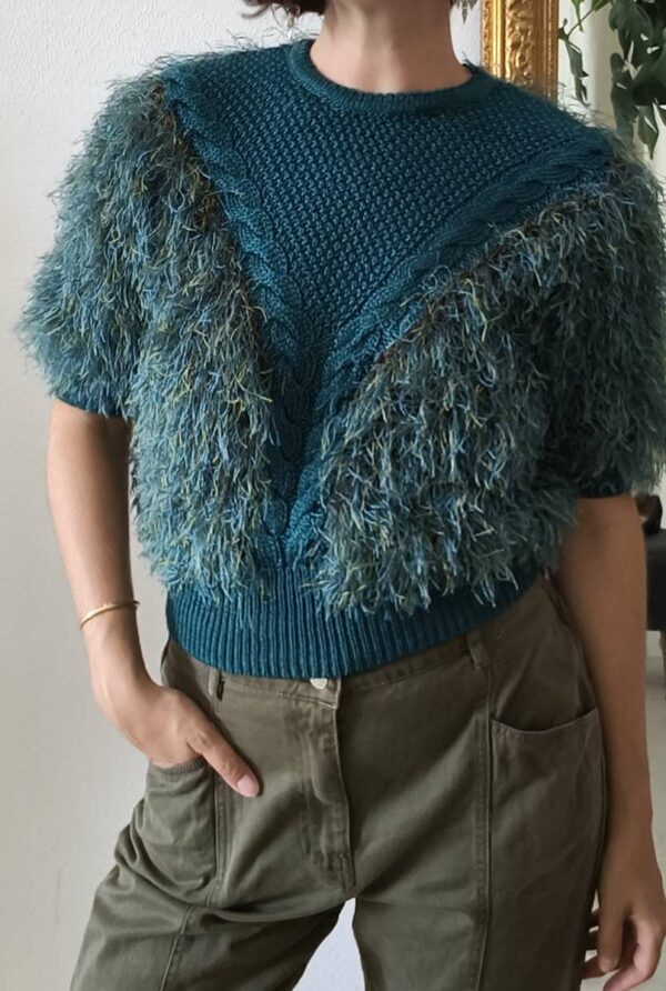 Pull vintage tricoté à franges bleu canard – Taille 38/40