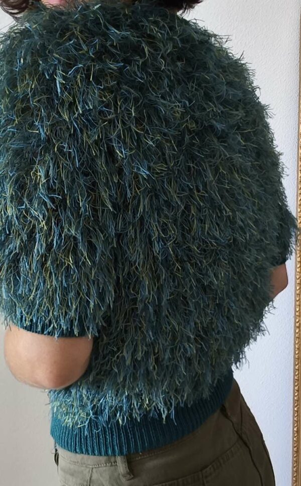 Pull vintage tricoté à franges bleu canard – Taille 38/40