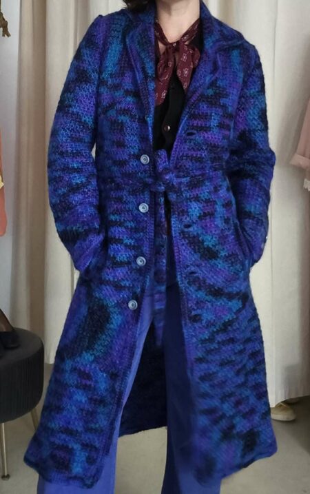 Manteau long tricoté vintage bleu & violet – 38/40
