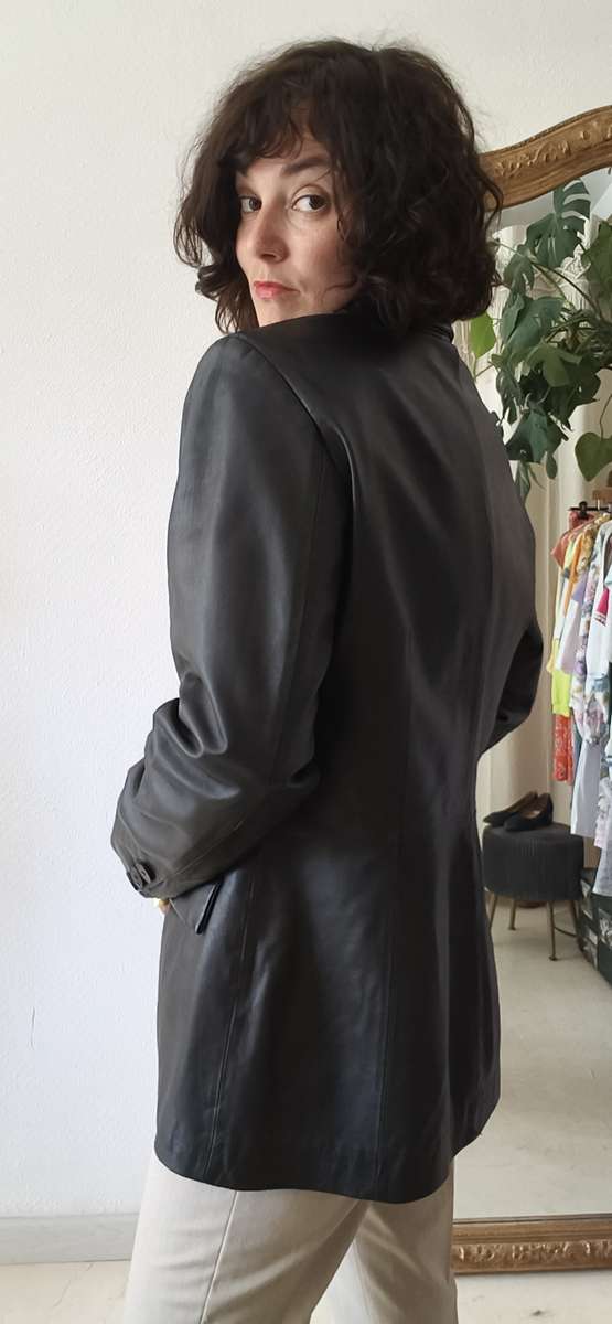 Veste blazer vintage en cuir noir – Taille 44