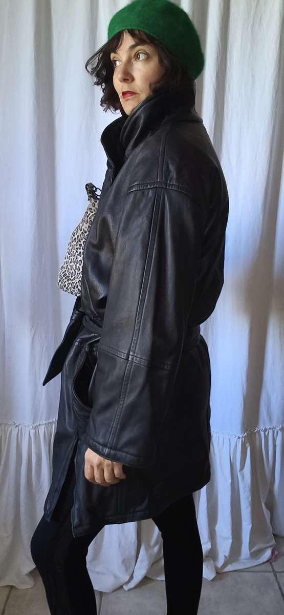 Manteau en cuir vintage noir col funnel – Taille 42/44