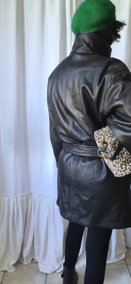 Manteau en cuir vintage noir col funnel – Taille 42/44