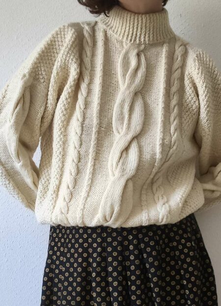 Pull irlandais vintage en laine écrue à grosses torsades – Taille 38/40