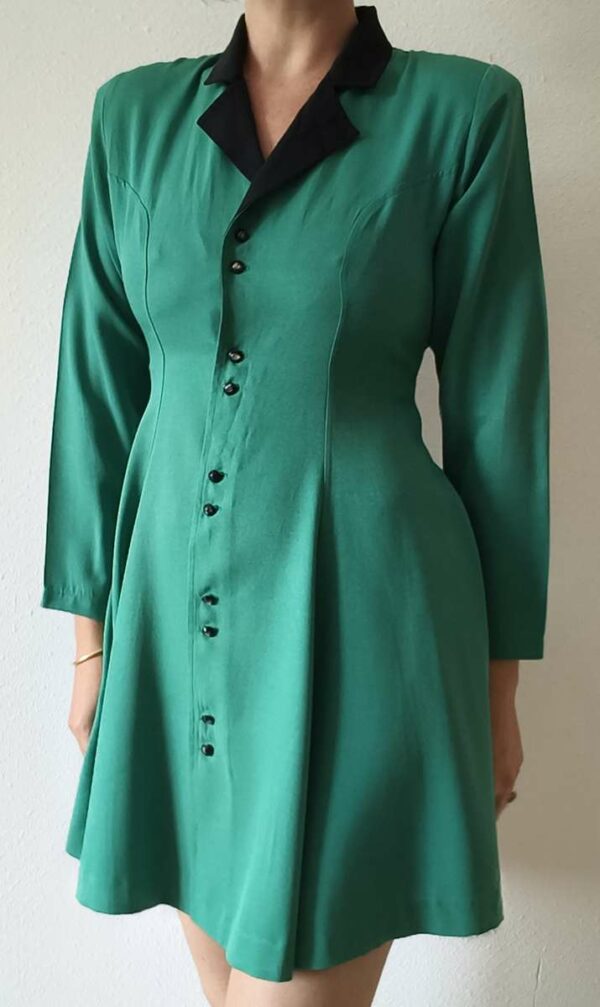 Robe vintage années 80 verte et noire à boutons – Taille 38