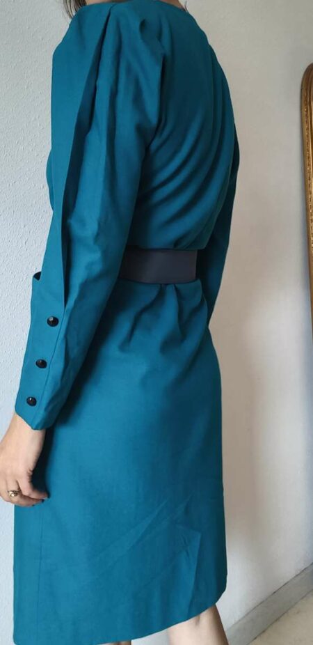 Robe vintage bleu canard en laine – Taille 40 – Fabriquée en France