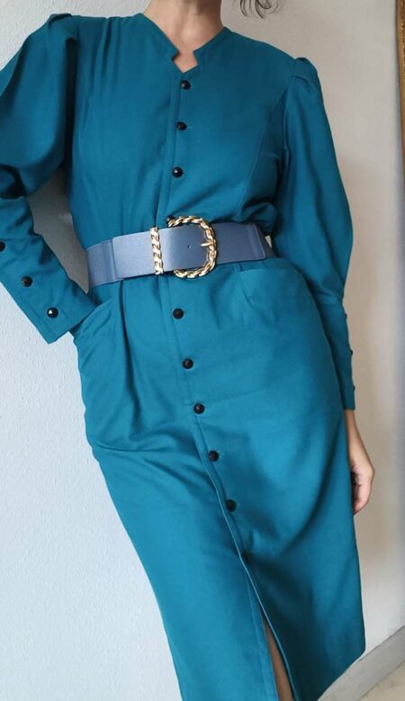 Robe vintage bleu canard en laine – Taille 40 – Fabriquée en France