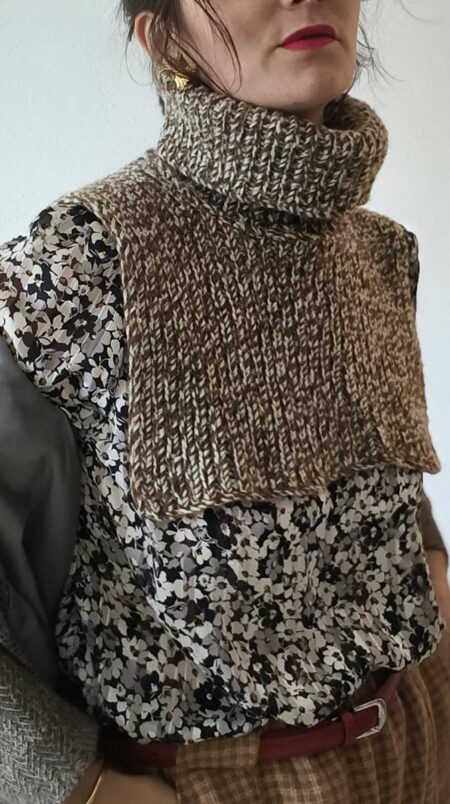 Col roulé amovible vintage en grosse maille chinée marron et écru