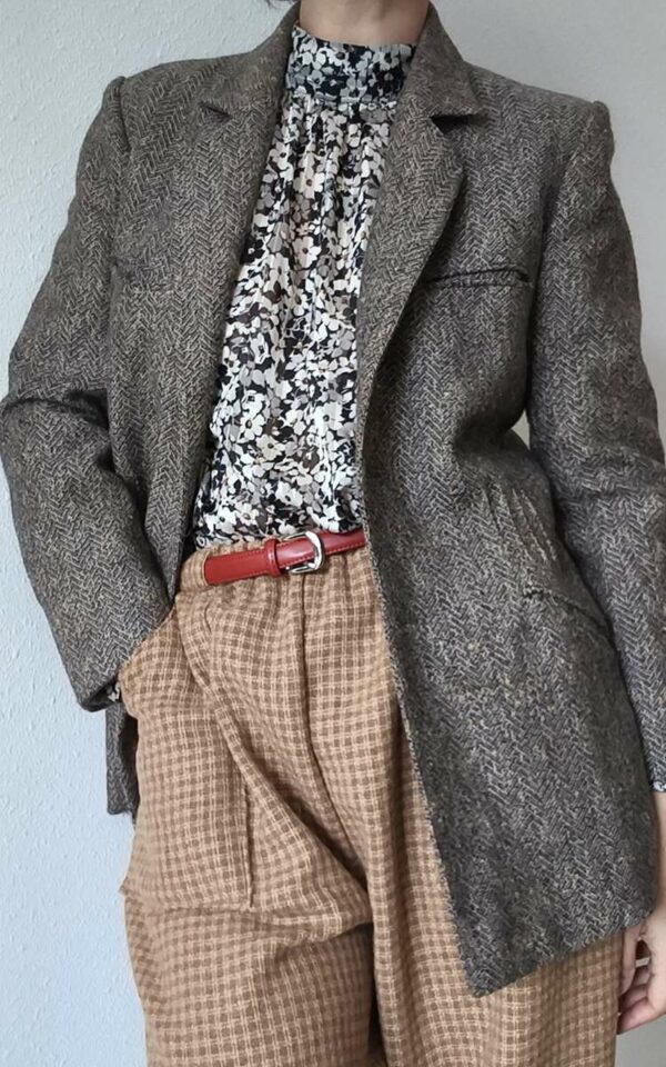 Blazer vintage femme en laine à chevrons marron – Lasserre – Taille 38