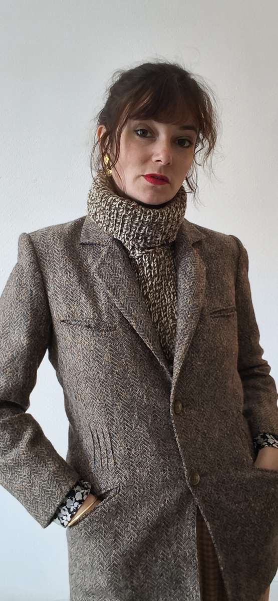 Col roulé amovible vintage en grosse maille chinée marron et écru