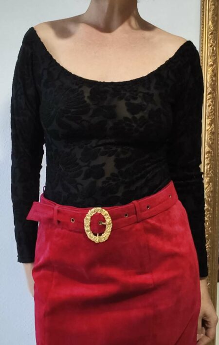 Body vintage noir en dentelle florale femme taille 40, manches longues et encolure bateau.
