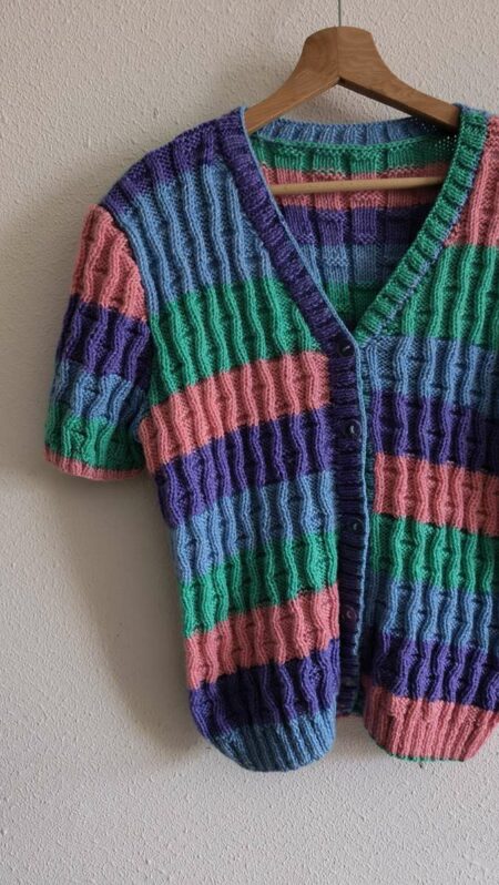 Cardigan vintage en maille torsadée multicolore – Taille M/L