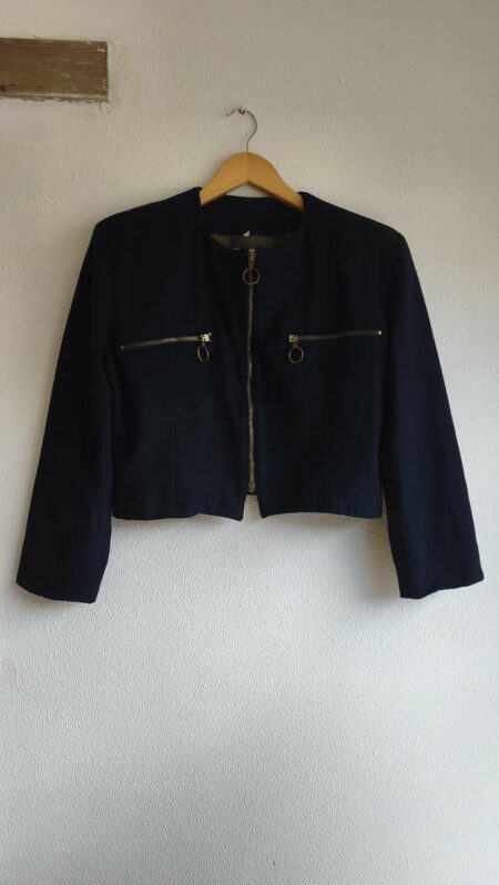 Veste courte vintage bleu marine en laine épaisse – Zips dorés